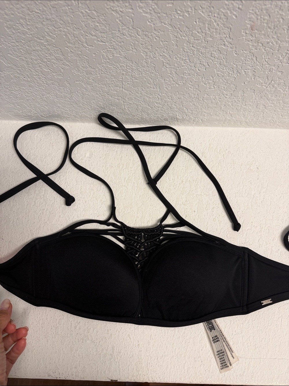 Victoria's Secret Black Strappy Bandeau Crochet Bikini Top M